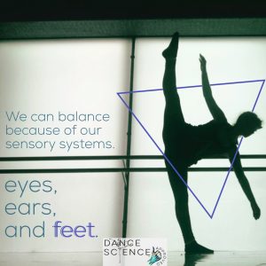 we can balance because of our sensory systems, eyes ears, and feet. dancer tilt better balance dance science approved journey to better feet
